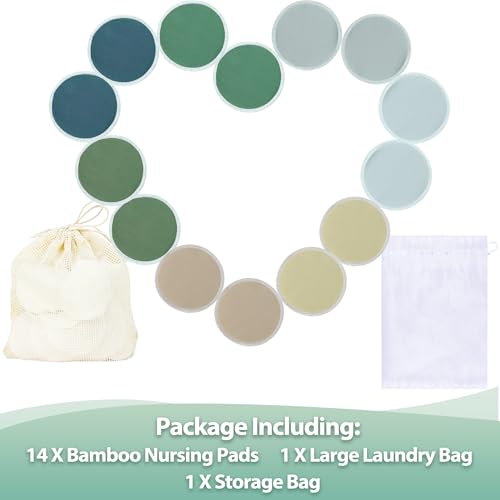 Image of wegreeco Nursing Breast Pads (14 Pack) + Laundry Bag & Travel Storage Bag, 4.7 inch Option - Washable & Reusable Breastfeeding Nursing Pads (Bean Paste Green, Plain Shape)
