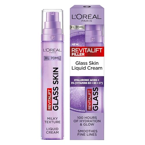 LOreal Paris Revitalift Filler Glass Skin Liquid Cream - Larger Size - Hybrid Milky Serum + Moisturiser Korean-Skincare Inspired Glass Skin Glow with 100 hours Hydration [Hyaluronic Acid] 70ml