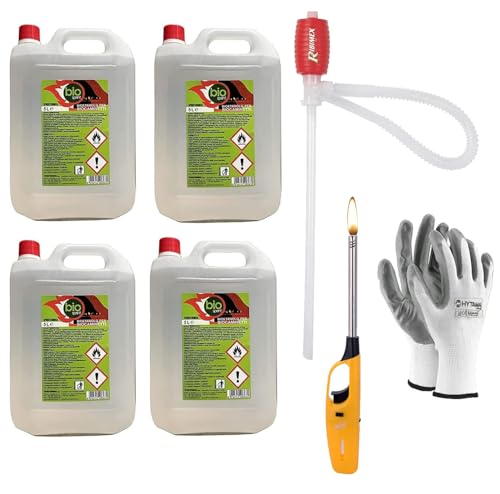 4 unidades – 20 litros – Bioetanol combustible estufas Bio Sprint 5 litros 99,9% inodoro sin humo natural sin azufre + bomba manual de regalo + guantes
