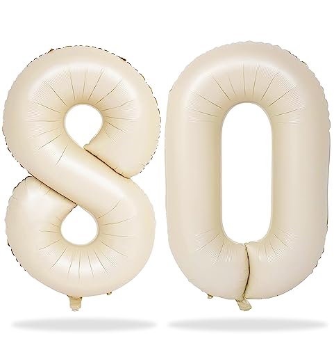 80th Birthday Balloons Cream for Women, 40 Inch Giant Beige Foil Number 80 Balloons Self Inflating, Ivory White Sand Digit 8 & 0 Helium Balloons for Men 80th Anniversary Party Decorations Supplies