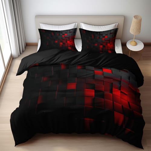 Quixora Housse de Couette Cubes et Blocs Noirs et Rouges Parures de lit 180 x 200 cm Garçons Filles Adulte Ado, Parure de Lit Microfibre, Noir