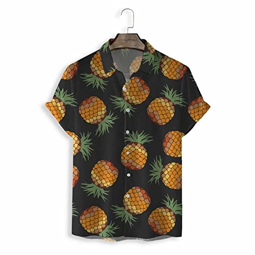 Chemise hawaïenne imprimé tropical ananas noir chic vêtement d'été boutonné en tissu fluide