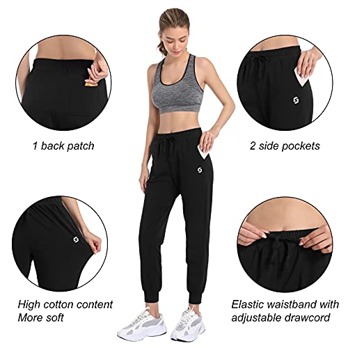S Spowind Women's Cotton Jogger Sweat Pants With Pockets Lightweight Tapered Track Sweatpants For Running Yoga Lounge Black #TOP3