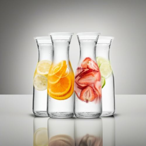Kook Glass Carafe, Mimosa Bar Supplies, Carafe Pitchers with Lid, Glass Water Pitcher, Drink Dispensers for Parties, Tea, Wine, and Juice, Plastic Lids, Dishwasher Safe, 35 oz (set of 4) by KooK - Image 5