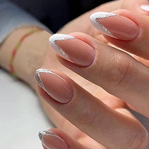 Vatocu Oval Glossy Fake Nails French Short Pink False Nails White Glitter Press on Nails Full Cover Bellarina Acrylic Stick on Nails for Women and Girls (24pcs) Cover