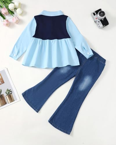 Image of SODLON Kids Toddler Girl Clothes Winter Outfits Shirt Top Bell Bottom Jeans Denim Pants Set Little Girl Fall Spring Clothing