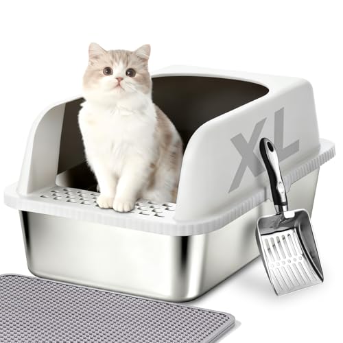 Helntova Stainless Steel Cat Litter Box with Lid, 20" L x 14.2" W x 12" H, Extra Large Enclosed Litter Box for Cats, High Sided Anti Leakage, Non-Stick, Includes Stainless Steel Scoop & Cat Mat