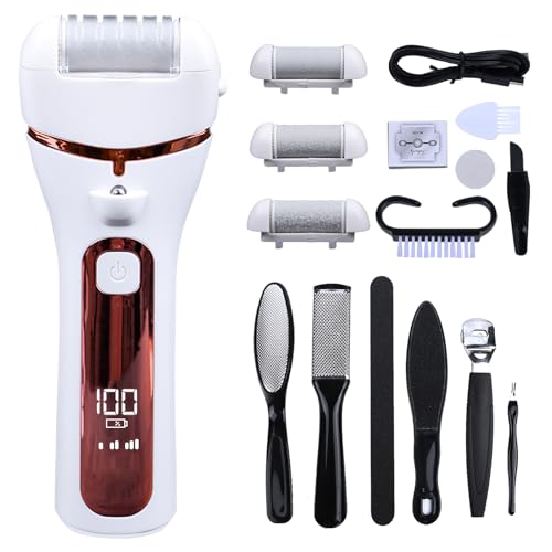 Rapeuse Pieds Electrique avec 3 Rouleaux, 16 en 1 Kit de Pédicure Professionnel Anti-callosités,3 Vitesses Râpe à Pieds Étanche Portable,1200mAH Rechargeable (Rose)