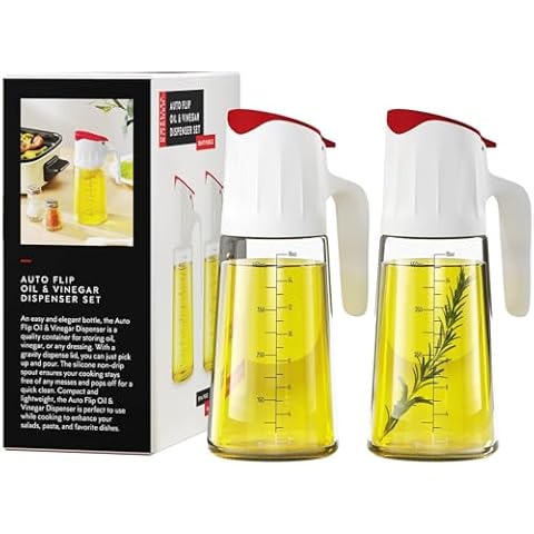 DWËLLZA KITCHEN Coffee Syrup Dispenser Set of 2 - Auto-open Olive Oil, Vinegar, Soy Sauce, Salad Dressing Bottles with Red Lids for Kitchen - 17 Oz. Non-drip Glass Syrup Bottles with Measurements Cover