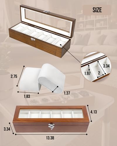 Image of Exper Watch Box, Rustic Brown, 6-Slots, Men Women, Wooden | Large Glass Lid, Display Storage, Watch Case, Organizer
