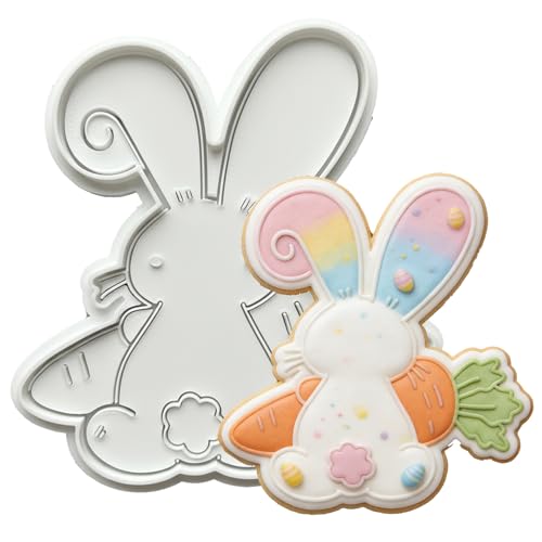 Flycalf Easter Cookie Cutters Rabbit 3.5" with Plunger Stamps Handle Spring Holiday PLA Baking Molds Gifts Decorative Party Kitchen Cake Supplies