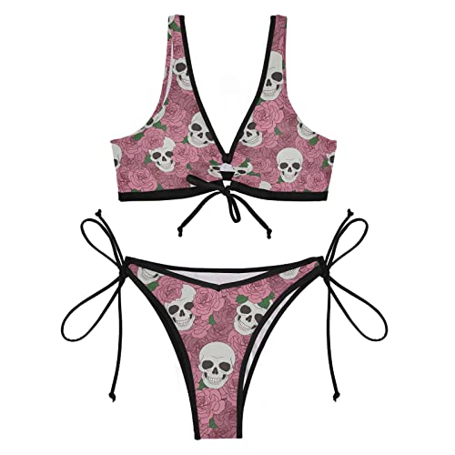 Ensemble bikini à nouer motif Crânes 096 rose avec haut triangle réglable - 6