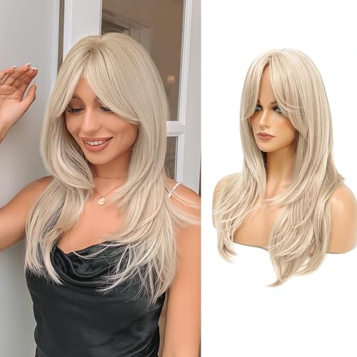 Blonde Wig with Bangs Honey Blonde Wigs for Women Long Slight Curly Layered Synthetic Wig for Daily and Party Wear