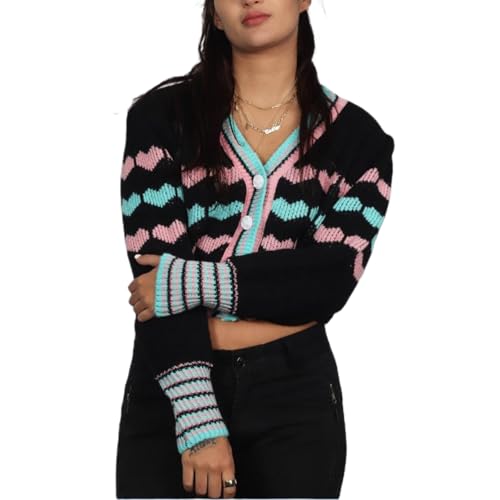 Image of Valentine's Day Cardigan Sweaters for Women Love Heart Print Button Down Cropped Cardigans Y2K Open Front Knit Sweater