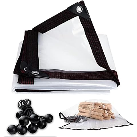WingFly 3m x 3m Clear Tarpaulin Waterproof Heavy Duty Clear Tarpaulin Sheet Transparent Clear Tarps Sheet Cover with Eyelets Bungees Ball Cord Plant Tarps Cover for Camping Fishing Gardening Cover