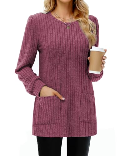 Tanmolo Damen Leichte Pullover Casual Rundhals Langarm Shirts mit Taschen Strickpullover Herbst Tunika Winter Oberteile Burgunderrot, XL