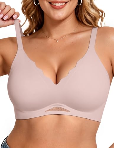 Image of Vertvie Jelly Bras for Women No Underwire Supportive | Seamless Wireless Bralette, Cool Breathable Mesh, Push Up Scalloped V-Neck, Full Coverage Tshirt Bra, Soft Comfortable
