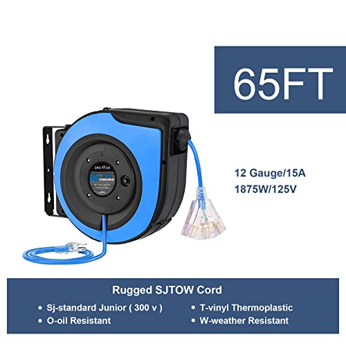 Greatide Retractable Extension Cord Reel, 65 Feet 12 Awg/3C Sjtow Heavy Duty Power Cord,15 Amp Circuit Breaker, 3-Lighted Triple Outlets, Ceiling Or Wall Mount Use Indoor/Outdoor #TOP1