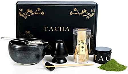 TACHA Premium Matcha Tea Set | Matcha Tea Powder | Ceremonial Matcha Tea Making Tool | Whisk Holder Black Bowl, Spout, Scoop, and Sifter (7 Piece Set)