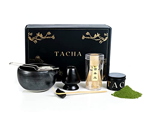 Tacha Premium Matcha Tea Set | Matcha Tea Powder | Ceremonial Matcha Tea Making Tool | Whisk Holder Black Bowl, Spout, Scoop, And Sifter (7 Piece Set) #TOP11