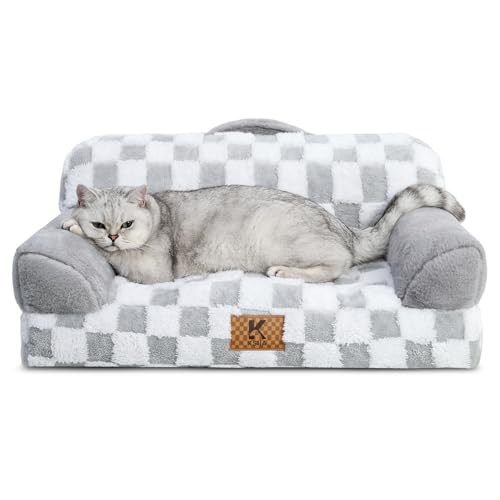 KSIIA Orthopädisches Katzenbett Flauschig 66x37cm, Abnehmbar Katzensofa Hundebett Waschbar, Hundesofa für Kleine Hunde mit Rutschfester Unterseite, Hundecouch mit Rückenlehne und Armlehnen, Grau