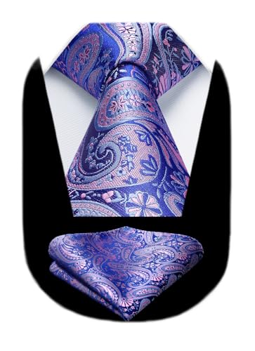 Image of HISDERN Extra Long Ties for Men Classic Floral Tie and Pocket Square Elegant Silk Necktie Handkerchief Set Wedding Party