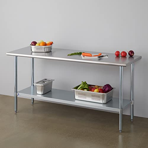 Image of ROCKPOINT Stainless Steel Table for Prep & Work 24x72 Inches, NSF Metal Commercial Kitchen Heavy Duty Table with Adjustable Under Shelf and Table Foot for Restaurant, Home and Hotel