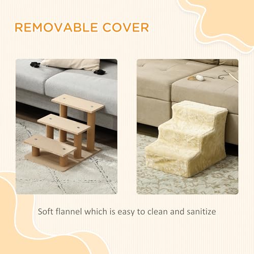 PawHut Dog Steps for Sofa, 3 Steps Dog Stairs, Pet Stairs, with Washable Plush Cover, for Small Breeds, Cats - Beige - Image 6