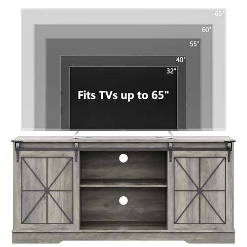 Image of Farmhouse TV Stand for 65 /60 /55 Inch Tvs, Rustic Entertainment Center with Storage Cabinets & Sliding Barn Doors, Modern Media Console Table, Wood Television Furniture for Living Room, Bedroom, Grey
