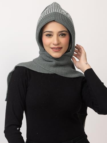 Image of AMOLDO Women's Winter Woolen Soft Warm Knitted Designer Muffler Beanie Cap with Fur | Fleece Printed Woolen Hat with Attached Scarf for Cold Weather