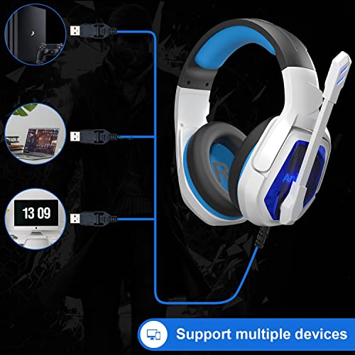 Emonoo Usb Gaming Headset For Pc/Mac/Ps4/Ps5, 7.1 Surround Sound Wired Headphone With Adjustable Active Noise Cancelling Mic, White & Blue Led Light #TOP3