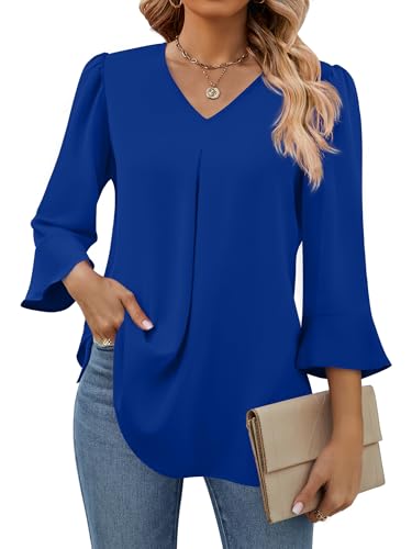 Funlingo Womens 3/4 Length Sleeve Tops Dressy Casual V Neck Business Chiffon Blouses Pleated Trendy Work Shirts