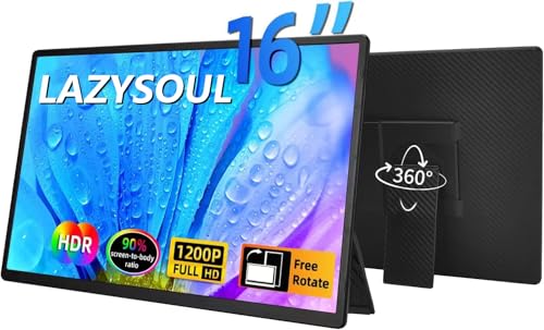 Lazysoul 16 Inch Portable Monitor, 1200P FHD IPS Screen with HDR, USB-C & HDMI...