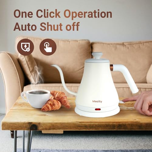 Image of Mecity Electric Kettle Stainless Steel Gooseneck Water Kettle Water Boiler for Pour Over Coffee Fast Heating, Auto Shut Off, 27 fl oz, 1000W, Milk White