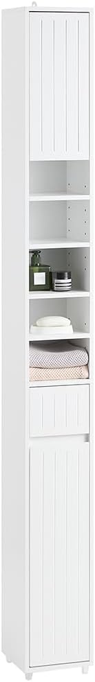 SoBuy Tall Narrow Storage Cabinet, Skinny Bathroom Cabinet with Adjustable Shelves Slender, Anti-Tipping Floor Standing Cupboard, Pinstripe White BZR160-W