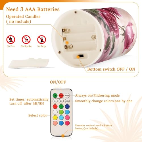 Image of Watercolor Rose Flickering Flameless Candles LED Battery Operated with Remote Timer Pillar Candles for Home Birthday Wedding Christmas Decor, Set of 2