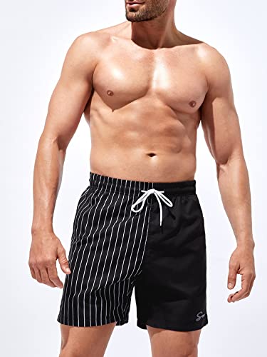 Soly Hux Swim Trunks For Men Striped Drawstring Board Shorts Beach Swimwear With Pockets Black Letter M #TOP4