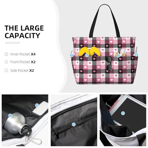 Large Beach Bags Water-resistant Sandproof - Pink heart plaid Cute Beach Tote Bags for Women with Zipper3