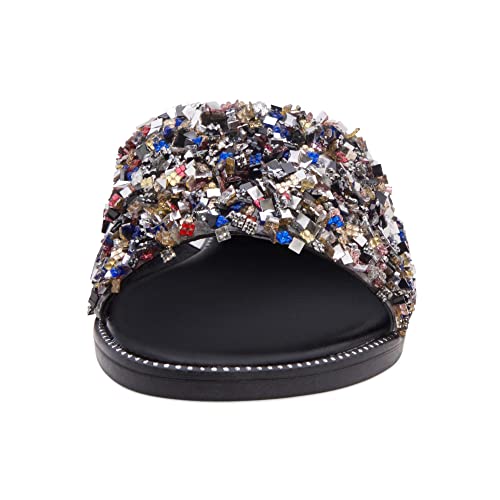 Shoe Land Joli Women's Open Toe Rhinestone Flat Sandals Glitter Slide Slip On Shoes Multisq 9.0 #TOP1