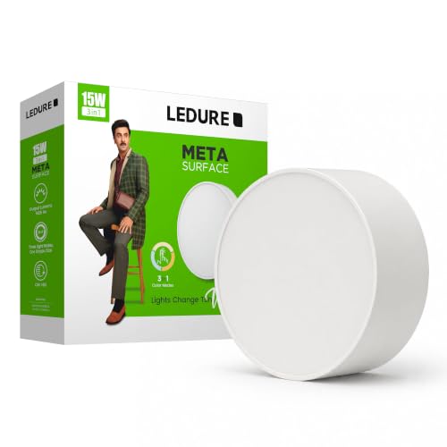 Image of LEDURE 15W LED Meta Surface Downlight | Round Surface Mount Ceiling Light for Indoor Use | Energy Efficient LED Downlight for Home, Living Room | 3in1 Colour Changing for Ceiling | Pack of 1