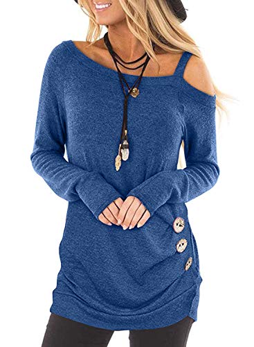 Camiseta feminina casual Happy Sailed, ombro vazado, manga comprida, botão lateral, franzido, pulôve