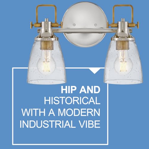 Image of Hinkley Easton Two Light Bath Vanity Fixture, Modern Industrial, Clear Seedy Glass Shade, Mounts Up or Down, Polished Nickel and Heritage Brass