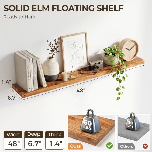 Image of Elm Floating Shelves for Wall - 48 in Rustic Solid Wood Shelves with Heavy-Duty Invisible Bracket, Wall-Mounted Wooden Shelf for Living Room, Bathroom, Kitchen Storage & Display, Set of 1, Natural