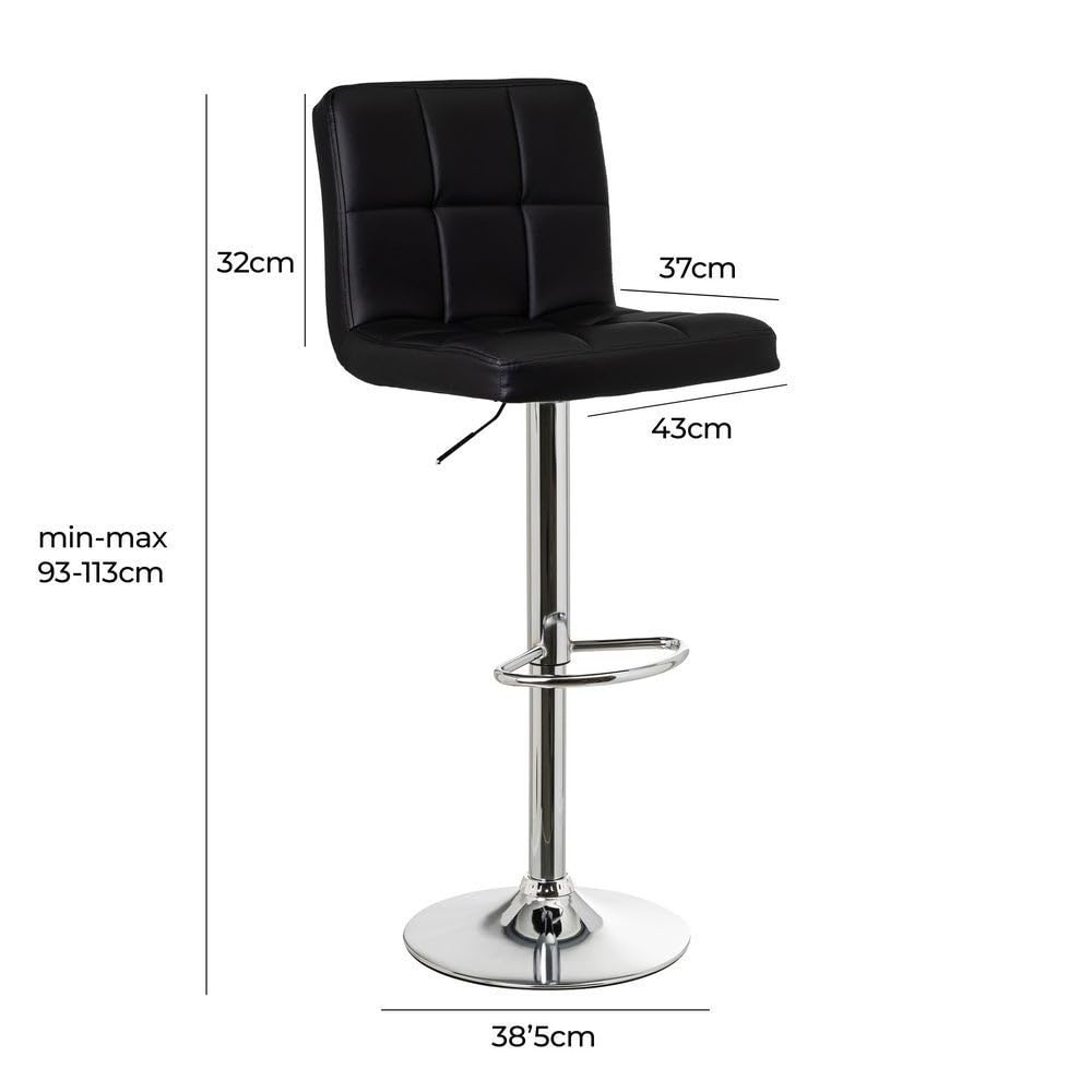 Taburete alto de cocina regulable en altura negro con respaldo alto | Asiento cuadrado y respaldo alto acolchados y tapizados en polipiel. Altura ajustable de 72 a 92 cm. Resiste hasta 120 kg