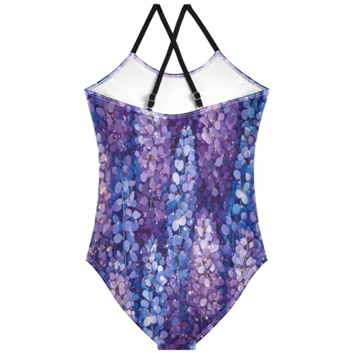 Pigsaly Girls One Piece Swimsuits Glitter Blue Wisteria Purple Lavender Flower Kids Cross Back Swimwear Bathing Suit 3T2