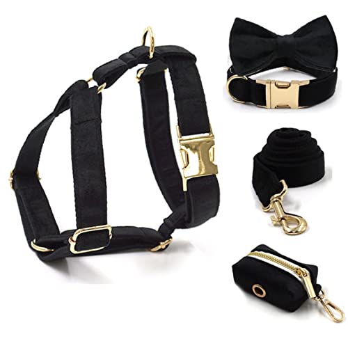 XKUN Hundegeschirr 5 Stücke Luxus Schwarz Samt Haustier Hundegeschirr Kragen Leine Set Verdicken Weicher Gravur Name Id Für Kleine Mittelhunde-5Pcs Set,L Neck 49-55Cm