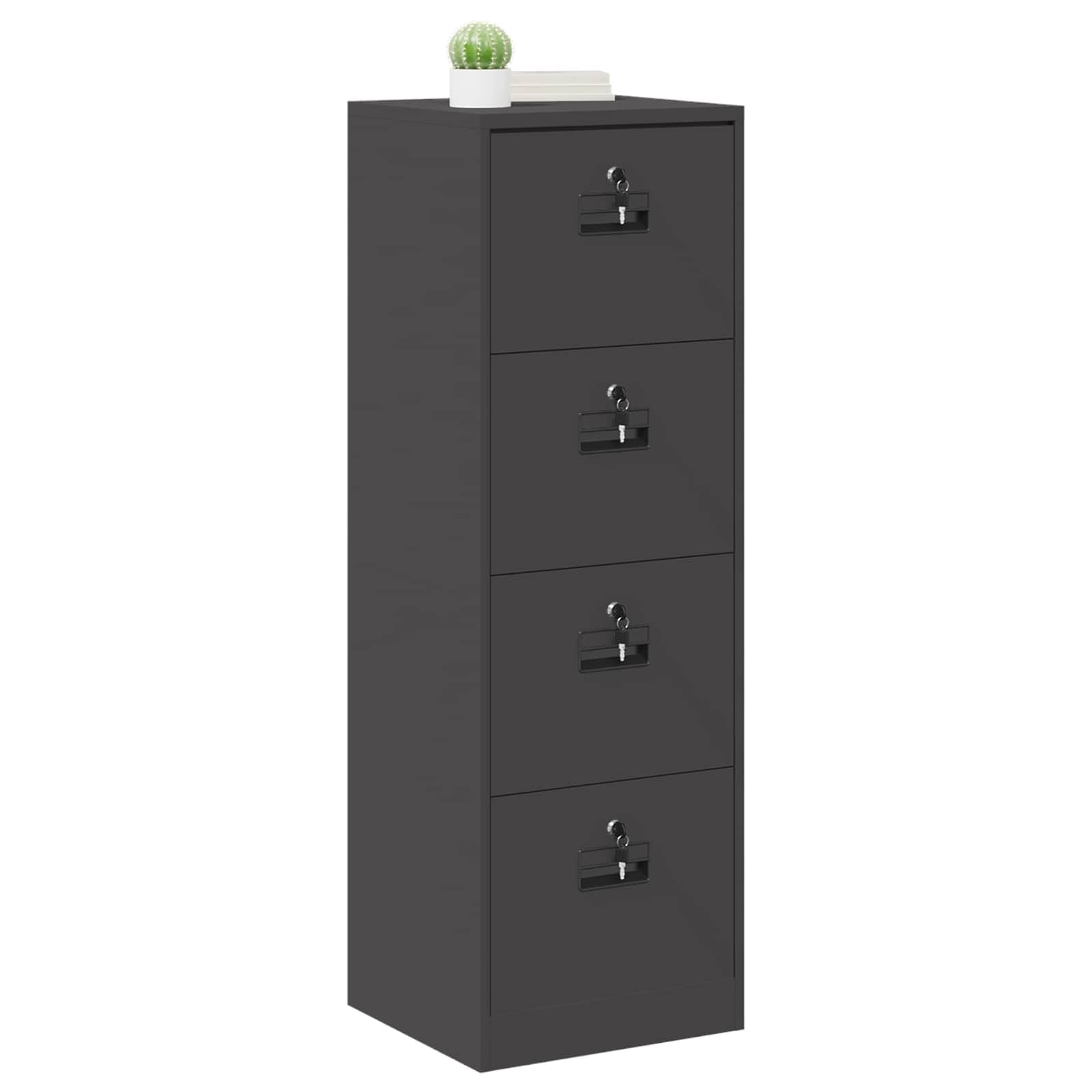 Czarna szafka na dokumenty ze stali walcowanej na zimno 45,5 x 42 x 139 cm z 4 szufladami i zamkami cylindrycznymi, wytrzymała szafka biurowa zapewnia bezpieczne przechowywanie i optymalne