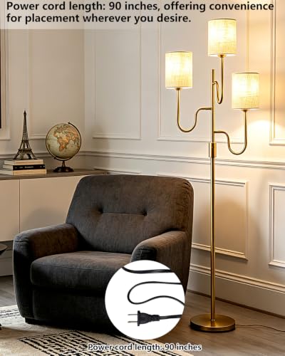 Image of Lightdot 63IN Gold Floor Lamp Dimmable 3-Lights LED Floor Lamps with Cylinder Fabric Shade& Warm White Bulb for Wedding /Party 3-Arm Standing Tall Lamp for Living Room /Bedroom /Sofa Beside /Corner Decor