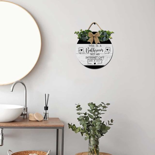 Bathroom Decor Wall Sign 12 * 12 Inch - Farmhouse Rustic Wooden Wreath Hanger | "This Is Bathroom Not an Internet Cafe" image 2