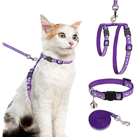 Cat Harness with Leash and Collar Set - Escape Proof Adjustable H-shped Cat Harness with Star and Moon Pattern Glow in The Dark for Kitty Outdoor Walking Cover